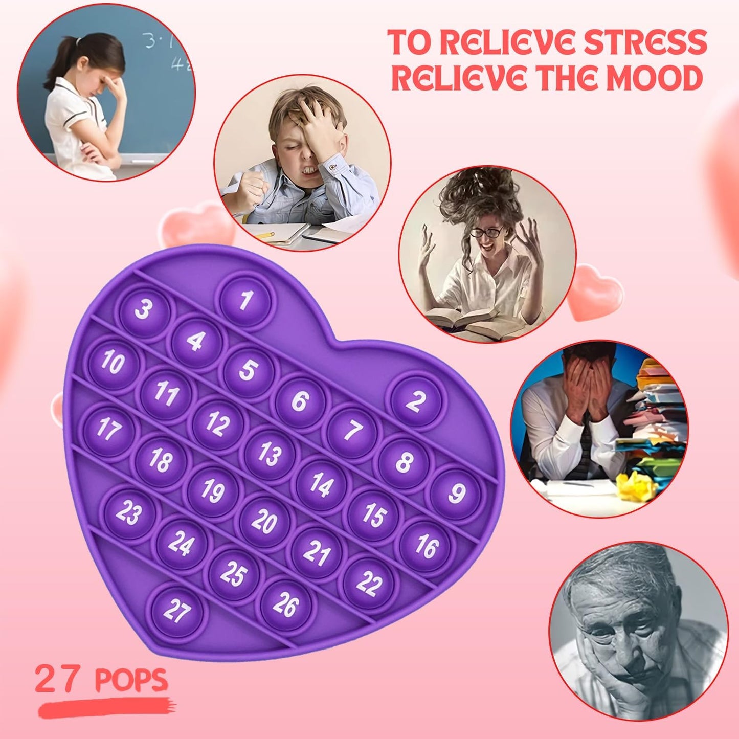 Purple Heart Shaped Pop Bubble Valentines Fidget Toy with Letters and Numbers, Xmas Gift Sensory Toy with Alphabets Kids Birthday Party Classroom Prize Stress Reliever