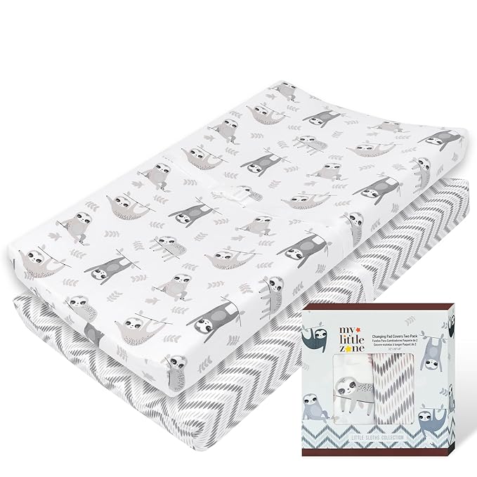 100% Cotton Changing Pad Cover for Baby Boys and Girls, Chevron - Breathable Bassinet, Mini Crib Mattress Fitted Sheets - Little Sloth, 32"x16" with 8" Deep Pocket, White-Grey, 2 Pack