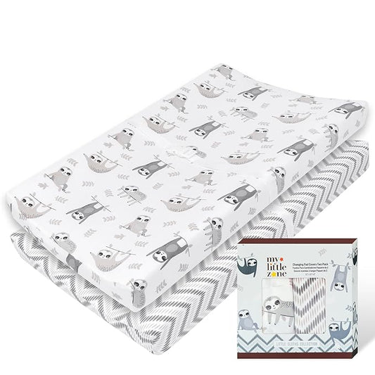 100% Cotton Changing Pad Cover for Baby Boys and Girls, Chevron - Breathable Bassinet, Mini Crib Mattress Fitted Sheets - Little Sloth, 32"x16" with 8" Deep Pocket, White-Grey, 2 Pack