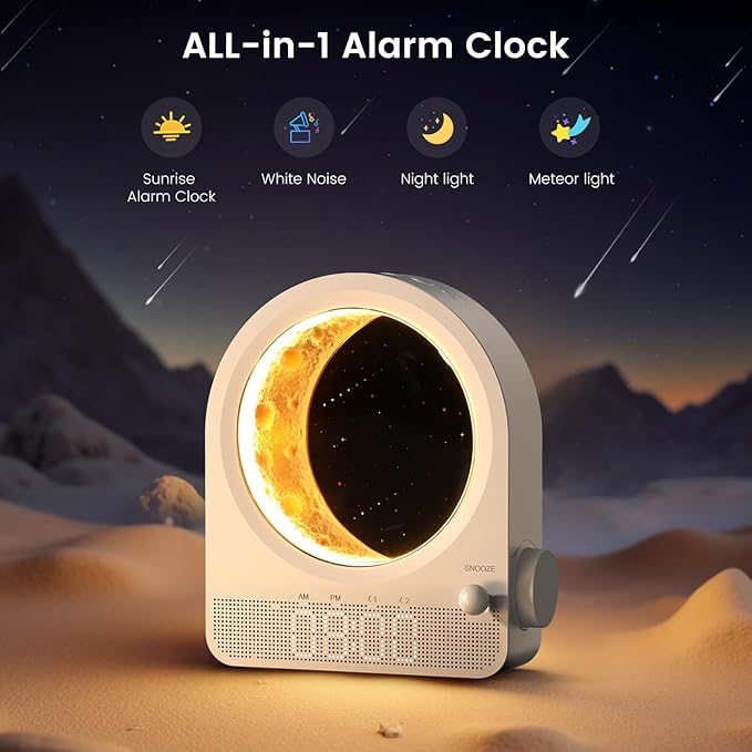 Sunrise Alarm Clock, White Noise Machine & Meteor Moonlight - 10 Soothing Sounds, Dual Alarms, 30/60/90min Timer, Easy Snooze - Bedroom Gift for Insomnia Adults/Women - White