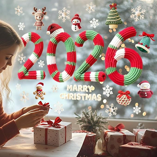 Christmas Window Stickers Clings Cute Christmas Snowman＆Hat Snowflake Winter Cartoon Knitting Wool Pattern Window Decal Decoration Glass Windows Sticker for Xmas 2026 New Year Party Decor Accessories