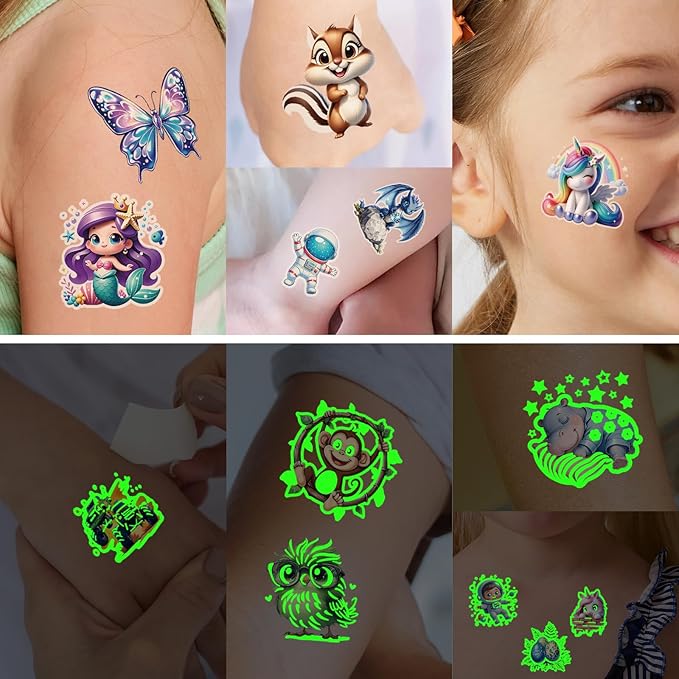 117 PCS Luminous Animals Temporary Tattoos for Kids, Glow Dinosaur Panda Elephant Rabbit Mermaid Dolphin Shark Fish Temporary Tattoos for Fastival Stuffers & Birthday Party Favors