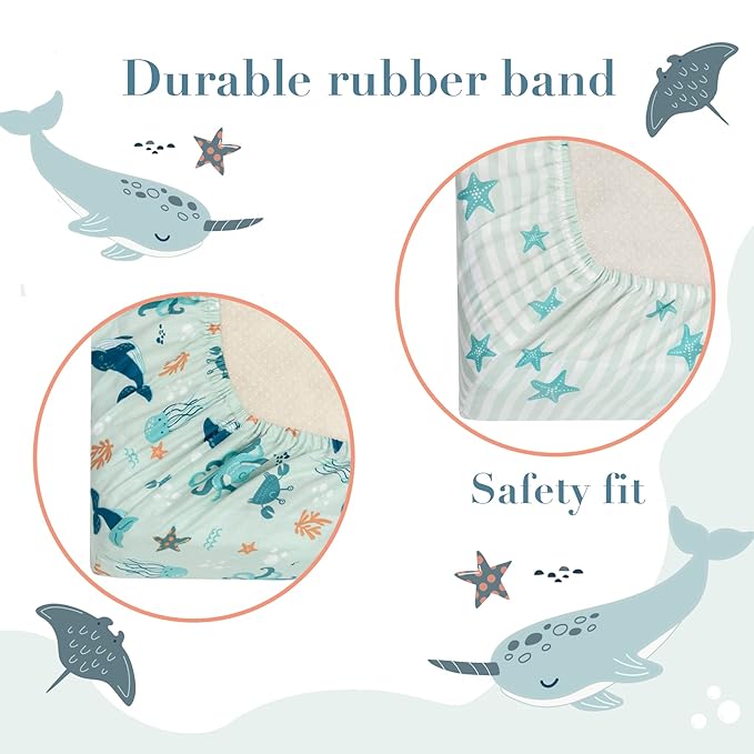 100% Cotton Changing Pad Cover for Baby Boys and Girls, Nautical - Breathable Bassinet, Mini Crib Mattress Fitted Sheets - Ocean Stars, 32"x16" with 8" Deep Pocket, Teal-White, 2 Pack