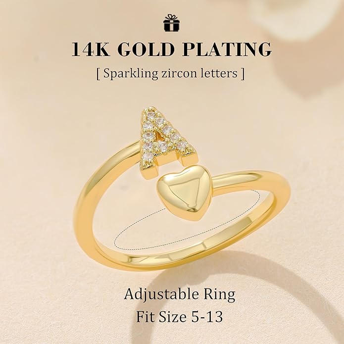 Gold Initial Rings for Women Girls, Dainty 14K Gold Plated Adjustable Initial Rings Cute Heart Zirconia Ring for Women Teen Girl Gifts