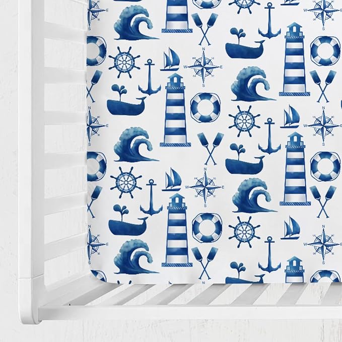 Navy and White Lighthouse Compass Whale Baby Crib Sheet 52''x28'' Nautical Life Fitted Crib Mattress Sheet for Boy Girl Nursery Bed Sheets for Standard Crib and Toddler Mattresses