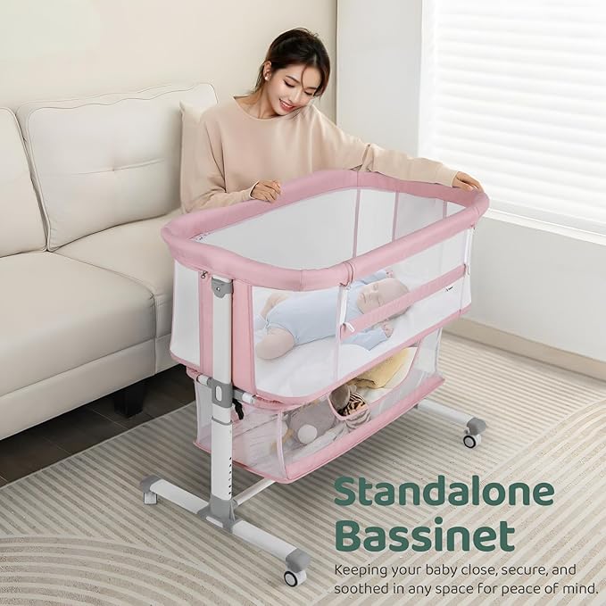 Cowiewie Bassinet Bedside Sleeper, Portable, Breathable, Adjustable Baby Bedside Bassinet for Peaceful Nights, Pink
