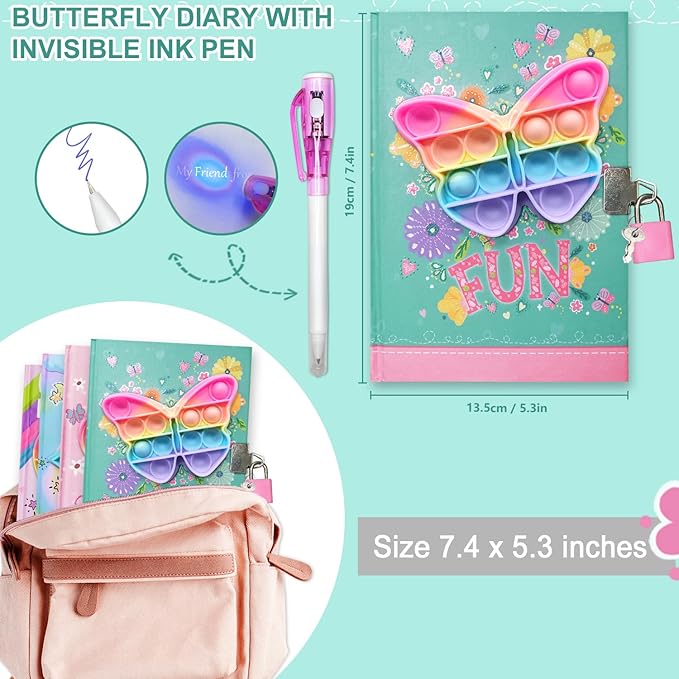 Pop Girls Diary with Lock and Invisible Ink Double-end Pen, 7.5x5.4 Inch 160 Lined Page Fidget Butterfly Girl Journal for Kids Secret Notebook Pen Set Birthday Gifts for Girls 5 6 7 8 9 10 Years Old