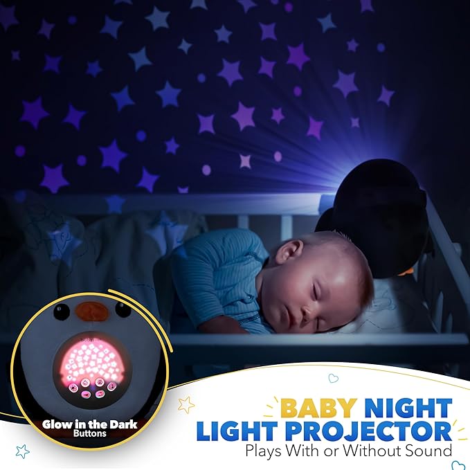 Bubzi Co Sound Machine & Shusher, Portable Penguin Soother & Night Light Projector, White Noise Sleep Aid for Infants & Toddlers