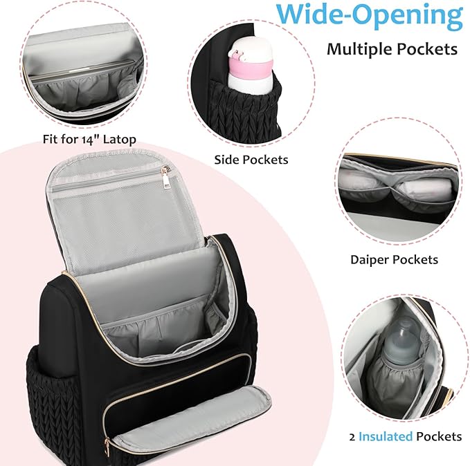 Large Capacity Diaper Bag Backpack with Stroller Buckle, Water-Resistant Travel Baby Bag with Insulated Pockets (modern, Black-lightgold)