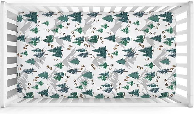 Green Pine Trees Animals Tracks Baby Crib Sheet 52''x28'' Pine Trees Paws Mountain Snug Fitted Crib Mattress Cover for Boy Girl Wildlife Soft Baby Bed Sheets for Standard Crib & Toddler Mattress