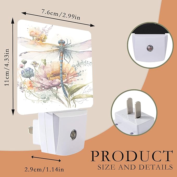 Night Light,Dragonfly Watercolor Night Lights Plug into Wall for Boys Girls Bedroom Decorative Half Round Nightlight Led Lamp 0.5W Sleep Friendly