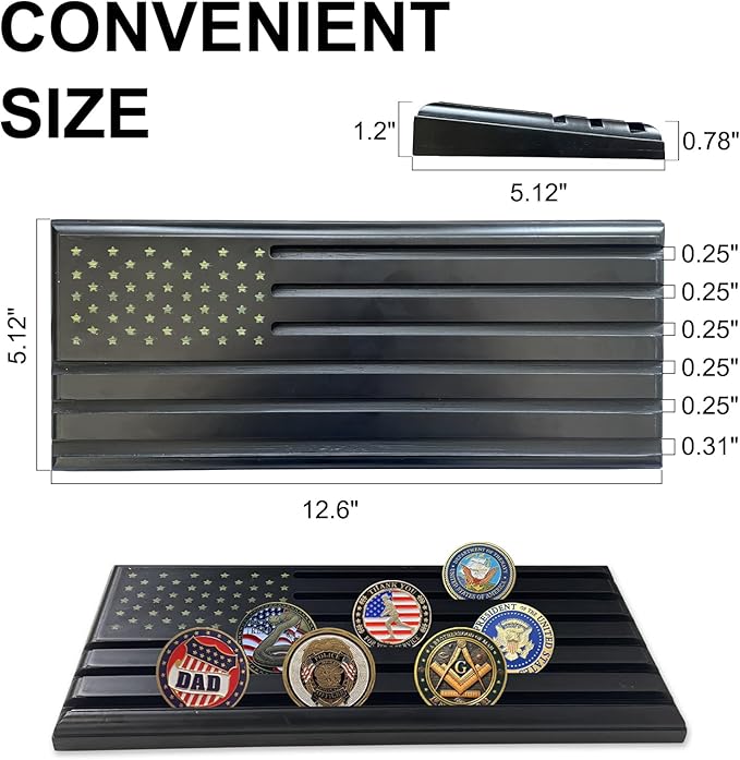 6-Row Military Challenge Coin Display Stand - Challenge Coin Holder with Rustic for Collectors Organize Medals & Memorabilia - Coin Holder for Home, Office, Showcase (Holds 30-36 Coins, American Flag ) (Black)