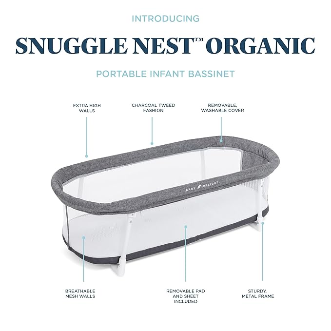 Baby Delight Snuggle Nest Bassinet, Portable Baby Bed, for Infants 0 – 5 Months, Charcoal Tweed