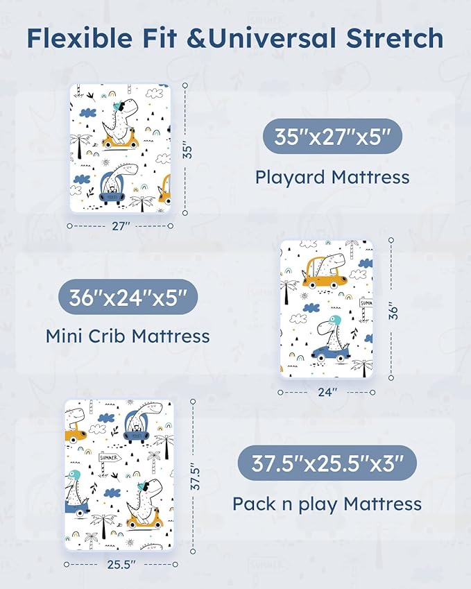 Pack and Play Sheets Fitted 3 Pack, Mini Crib Sheets for Pack N Play Mattress Stretchy Portable Playard Sheets, Soft Breathable Grey & Blue Car