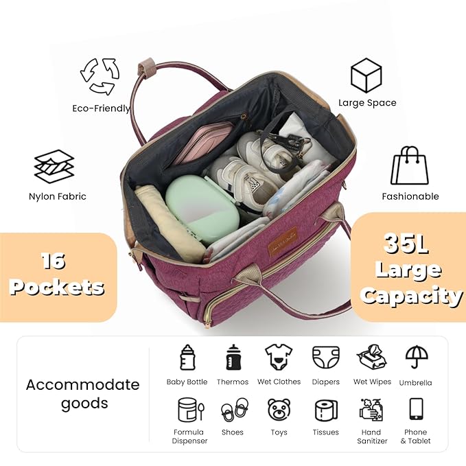 Diaper Bag Backpack with Changing Pad, Pacifier Case, Baby Bag for Boy Girl Toddler - Large, Stylish, Waterproof Travel Quilted Diaper Bag for Mom - Baby Shower - Purple