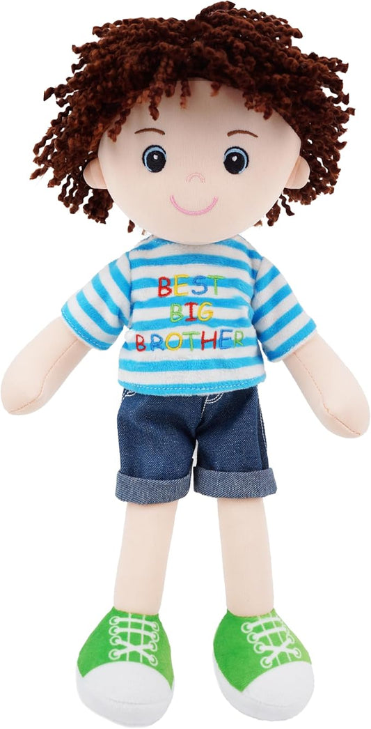 June Garden 14" Snuggle Cutie Benny – Best Big Brother Soft Plush Doll – Stuffed Boy Doll with Blue Striped Shirt and Green Shoes – Ideal Gift for Toddlers & Big Brother Celebrations - Blue M