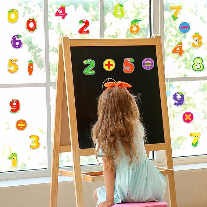 Whaline 50Pcs Number Thick Gel Clings Colorful Fruit Shaped Number 0-9 Window Gel Decals for Back to The School Math Learning Education Home Classroom Nursery Decor, 2 Sheet