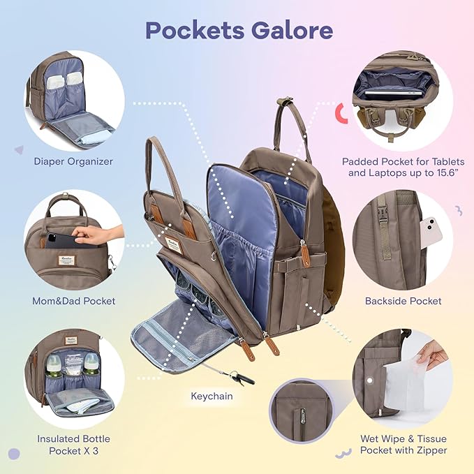 RUVALINO Diaper Bag Backpack, Multifunction Travel Pack Maternity Baby Changing Bags, Large Capacity, Waterproof, Khaki