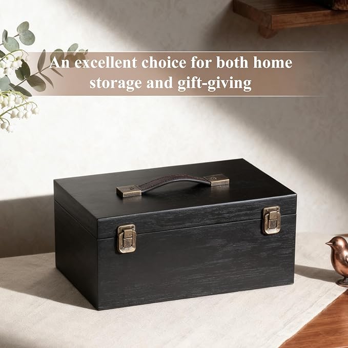 ANMINY Wooden Keepsake Memory Box with Lid Bamboo Wood Storage Box with Hinged Lid & PU Leather Handles Large Decorative Wooden Chest Box for Crafts Stash Gifts - Black, 11.8" L x 7.8" W x 5.9" H