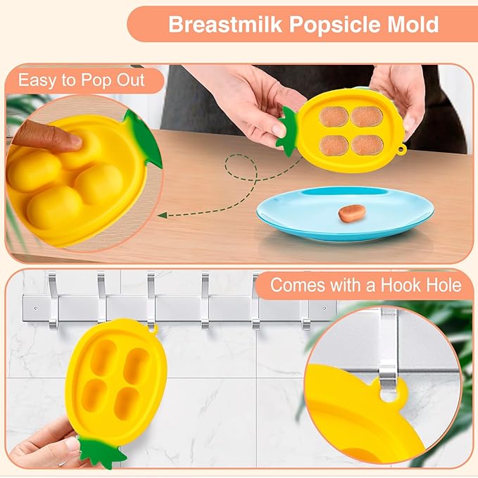 Baby Fruit Food Feeder - Silicone Nibble Tray Combo - Breastmilk Popsicle Mold for Cooling Relief, BPA Free Mesh Feeder for Infant Self Feeding (Monkey Orange + Pineapple)