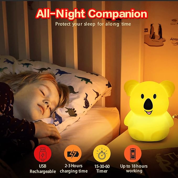 WHA&DARREN Large Koala Night Light for Kids,Cute Baby Lamp, Silicone Bedside Lamp,Portable Night Light for Kids Room, Rechargeable Animal Lights for Girls and Boys