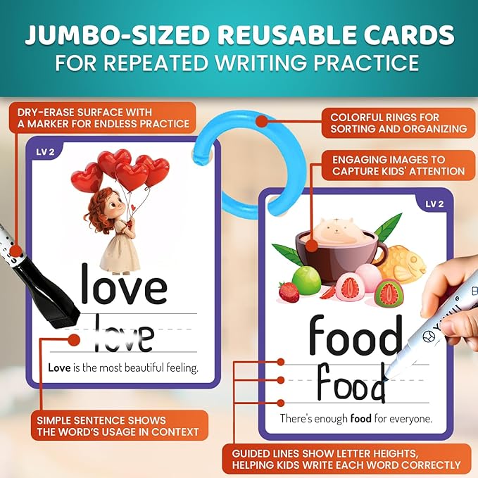 QUOKKA 520 Sight Words Flash Cards for Kids – 5 Levels from Pre-K to 3rd Grade – Bold Font & Jumbo Size & Dry Erase Color-Coded Cards with Rings for Sorting – Based on Dolch & Fry Word Lists