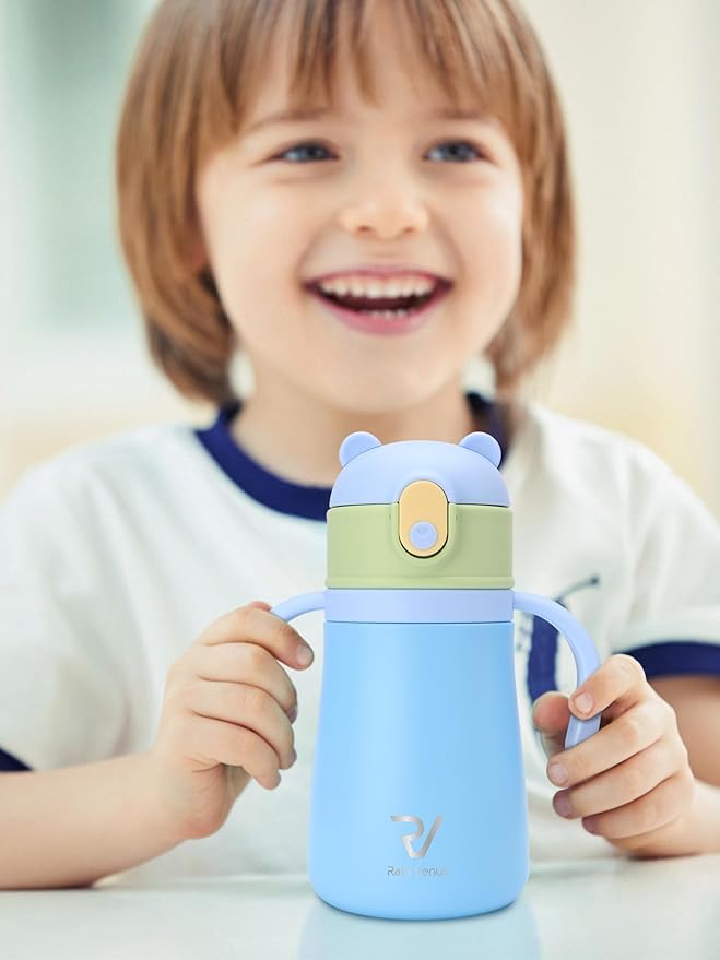 12oz Kids Insulated Water Bottle Double-Wall Vacuum Kids Water Bottle with Hygiene Silicone Straw Blowout-Proof Lid Insulated No BPA Durable Stainless Steel