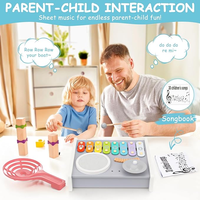 Kids Musical Instruments Piano Drum Set - 5 in 1 Montessori Toys for Toddler Baby, Wooden Music Kit with Piano Keyboard Xylophone, Preschool Educational Sensory Toys, Gifts for Boys Girls