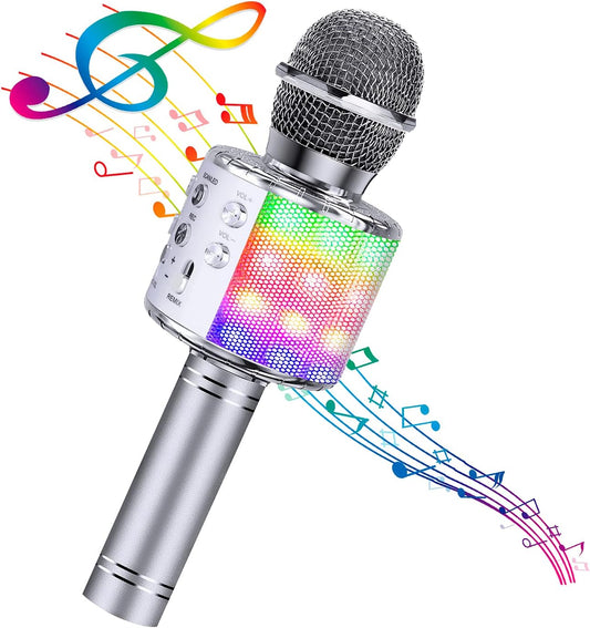 BlueFire 4 in 1 Karaoke Wireless Microphone with LED Lights, Portable Microphone for Kids, Great Gifts Toys for Kids, Girls, Boys and Adults (Silver)