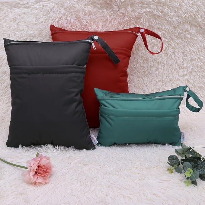 ALVABABY 3 Cloth Diaper Wet Dry Bags Waterproof Reusable with Two Zippered Pockets Travel Beach Pool Daycare Soiled Baby Items Yoga Gym Bag for Swimsuits or Wet Clothes Small medium Large 3L-SML02