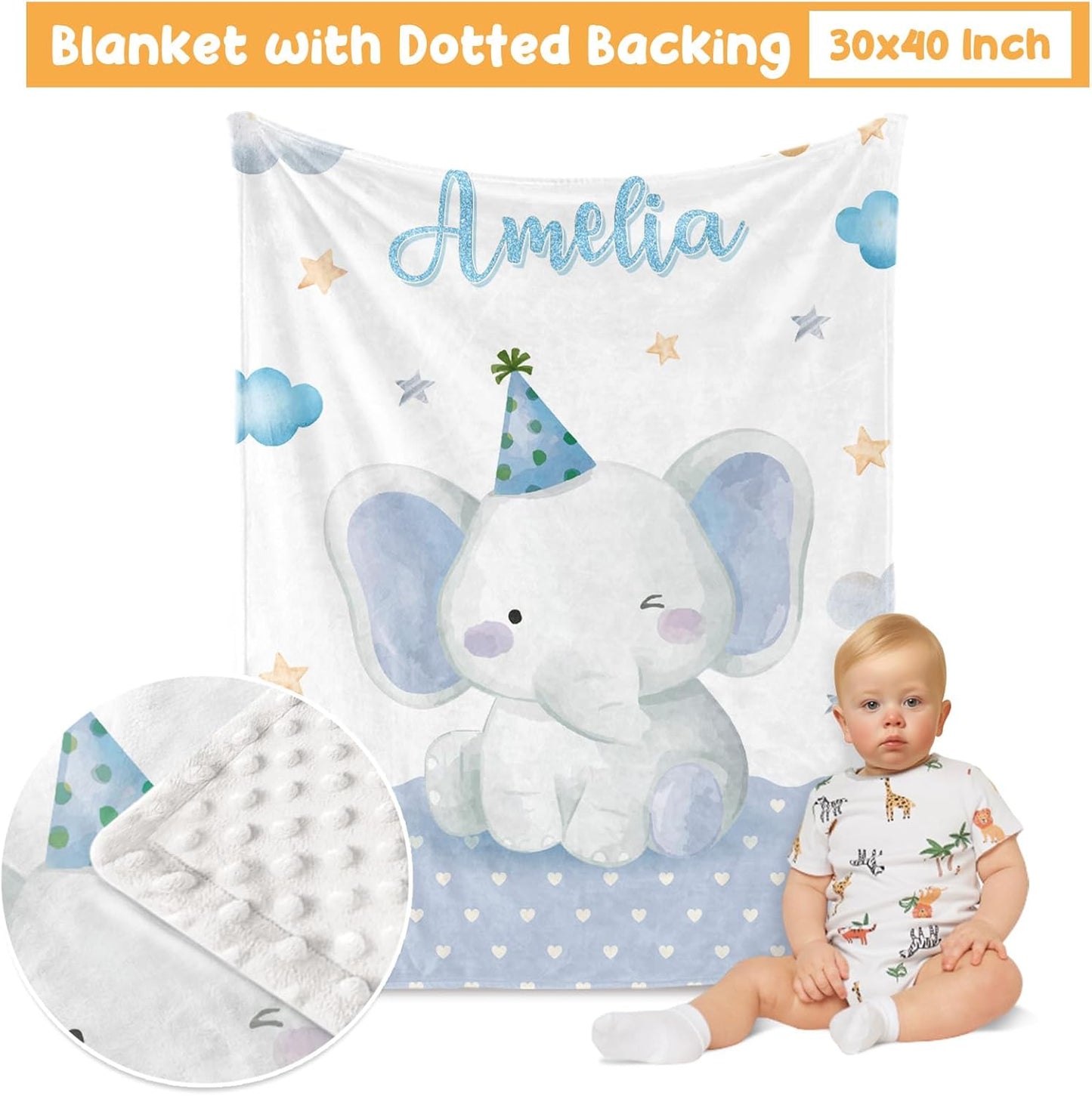 Custom Crib Bedding Set - Elephant Design Personalized Name Baby Nursery Bed 3 Pcs Set - Chic Soft Blanket with Dotted Backing, Sheet, Pillowcase for Newborn Girls Boys Gifts Color18