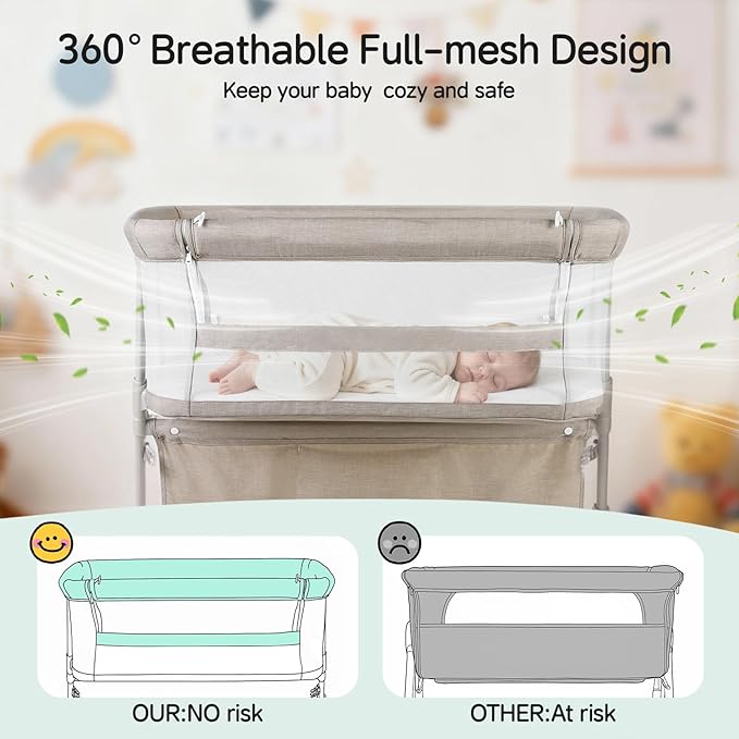 Cowiewie Bassinet Bedside Sleeper,Baby Bassinets Higher Place on Bed,5-Position Adjustment Baby Crib,Breathable 360°All-Around Mesh Sides Bedside Bassinet,Space-Saving Bedside Cribs, Beige