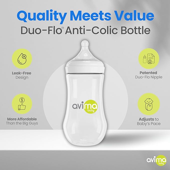 Avima Baby 12 oz Anti Colic Baby Bottles for Breastfed Babies - Fast Flow Nipples, Wide Neck Bottle, BPA Free - 9-12 Months, Stage 3 (Set of 6)