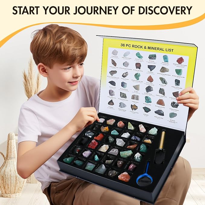 Rock Collection for Kids - 36pc Cool Rocks and Gems Stones Crystals Kit - Rocks and Minerals Science Kit with Leaning Guide - Earth Science Activity Kit - Rock Collection Box for Kids