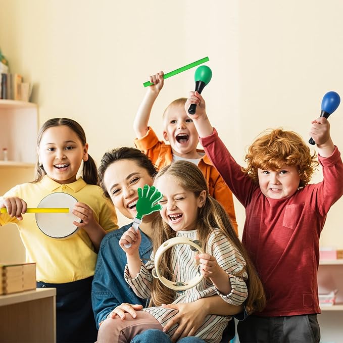 120 Pcs Musical Instruments Learning Percussion Toy Include 24 Plastic Egg Shakers 24 Hand Held Sand Hammers Maracas Rattle 24 Hand Clappers 24 Rhythm Sticks Wood Lummi Sticks 24 Finger Castanets