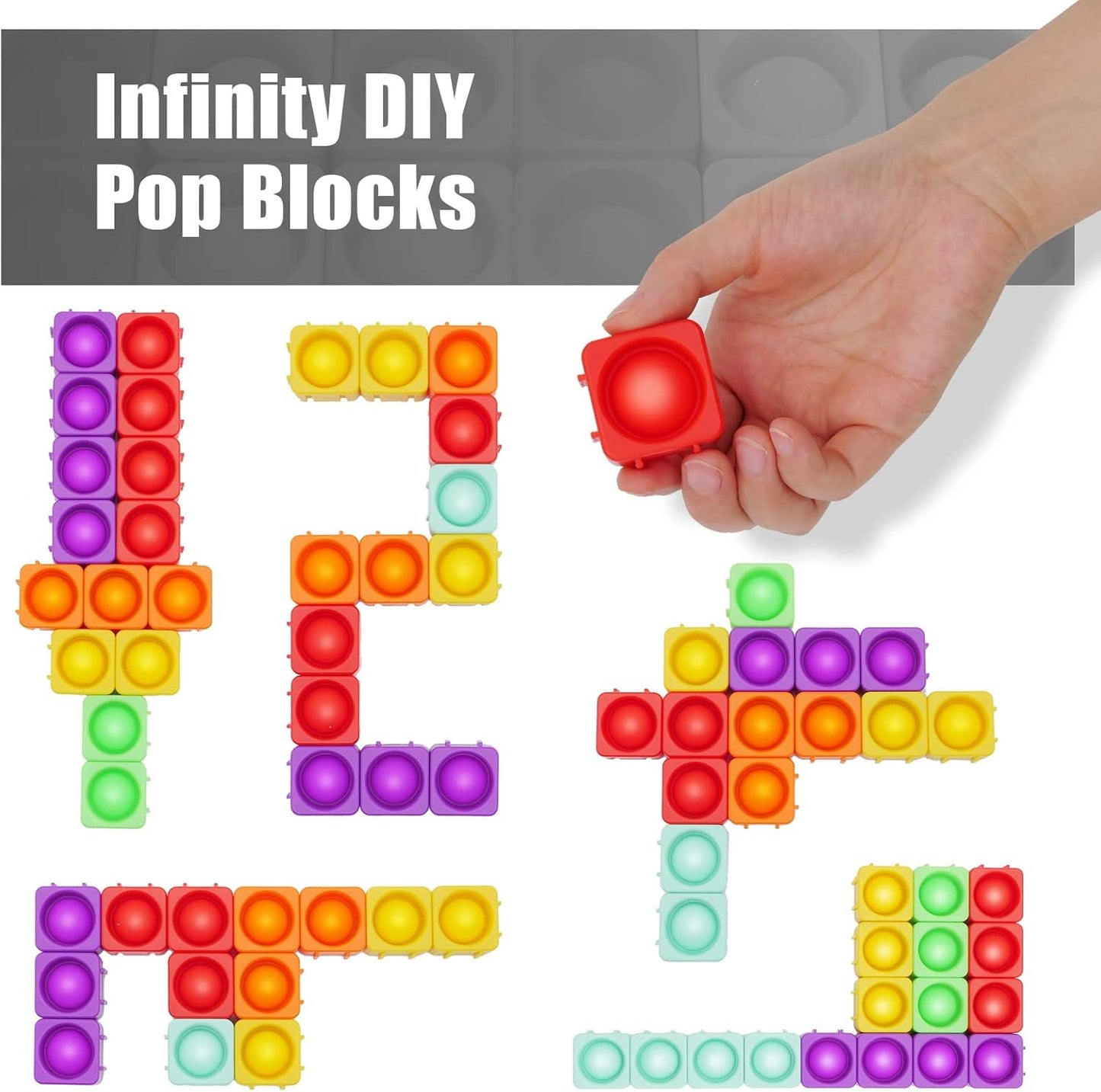 Pop Blocks Fidget Toys, Rainbow Silicone Popper Infinity DIY Building Blocks CVC Words Learning Phonics Color Recognition Game Anxiety Stress Reliever Autistic Sensory Toy (Rainbow)