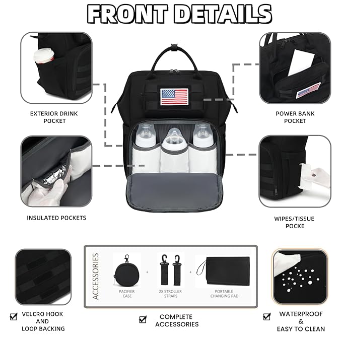 Diaper Bag Backpack for Dad and Men, Large Travel Baby Bag with Changing Pad, Pacifier Case, Removable Flag Patch - Baby Shower Gifts - Shadow Black
