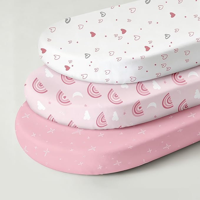 Bassinet Sheets for Baby Girl 32 * 16, 3 Pack Soft Breathable Baby Bassinet Mattress Sheets Fit for Hourglass Oval Cradle, Moses Basket Rectangle Mattress (Rainbow, Pink)