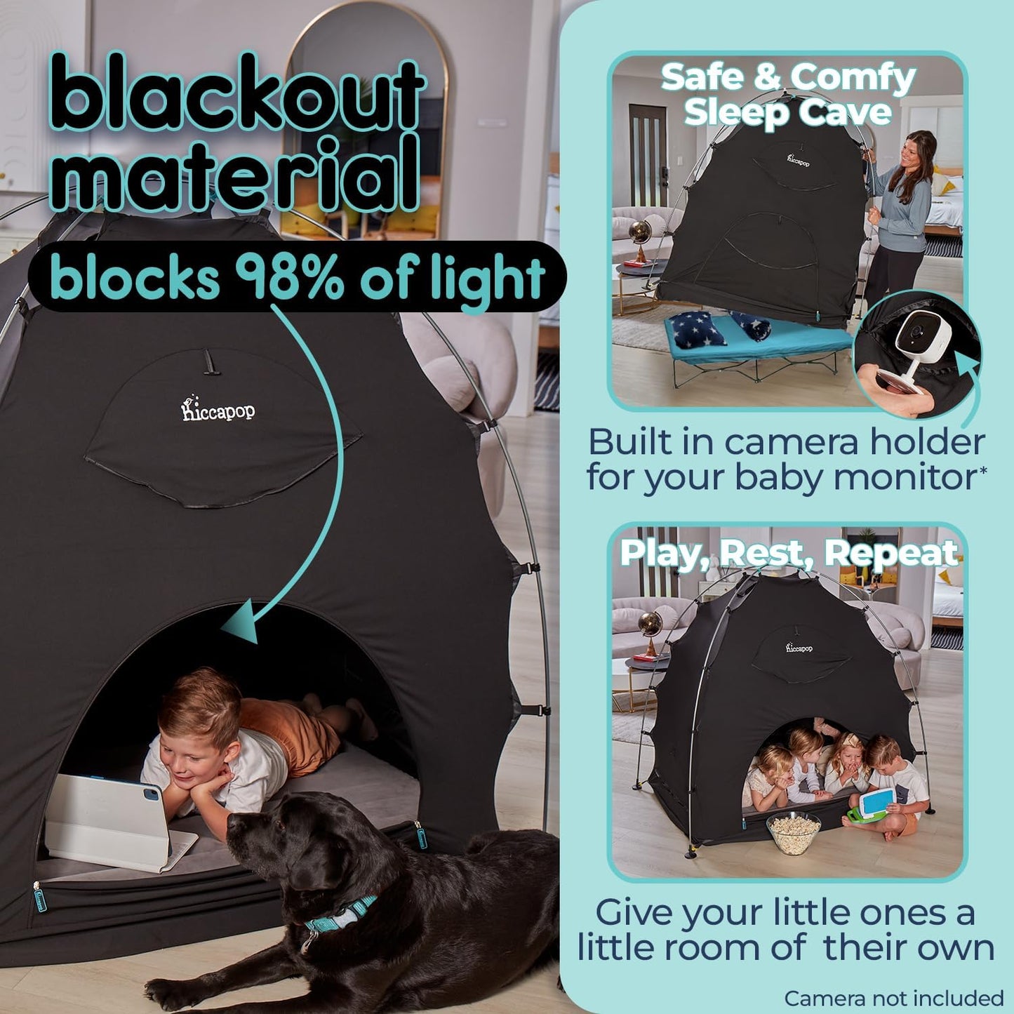 Hiccapop Daydreamer Blackout Tent for Pack and Play, Patented Portable Crib Tent, Blackout Canopy Crib Cover, Sleep Pod for Kids