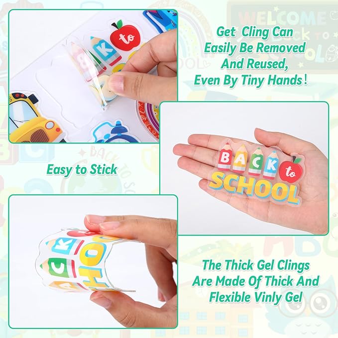 MARFOREVER 50 PCS Back to School Window Thick Gel Clings Stickers Reusable School Window Clings Decals for Welcome Back to School Party Supplies Wall Glass Blackboard Decorations