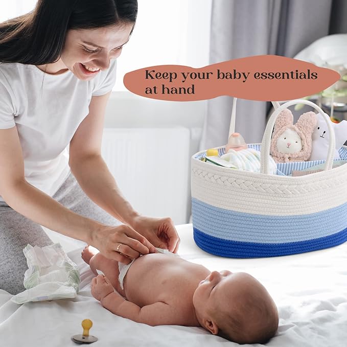 Baby Diaper Caddy Organizer, Extra Large Cotton Rope Nursery Diaper Basket, Changing Table Organizer, Portable Tote Bag with Divider, Car Storage, Baby Shower Gifts for Newborn Boys - Blue