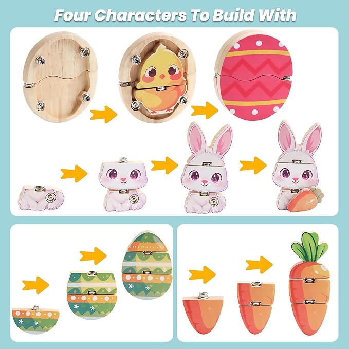 HUZU Easter Snap Builders, Easter Basket Stuffers Bunny, Carrot, Egg, Chick Wooden Puzzle Toy, Basket Essentials Take Apart & Mix Characters Kids Montessori STEM Fine Motor Skill