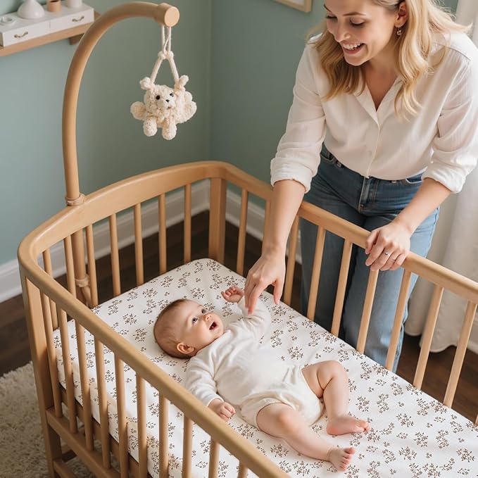 Baby Bassinet Sheets TPU Waterproof 2 Pack Soft Muslin Bedside Bassinet Mattress Sheets with Bottom Elastic Band for Baby Boy Girls Unisex Fit Hourglass Oval and Rectangle, Brown Flowers