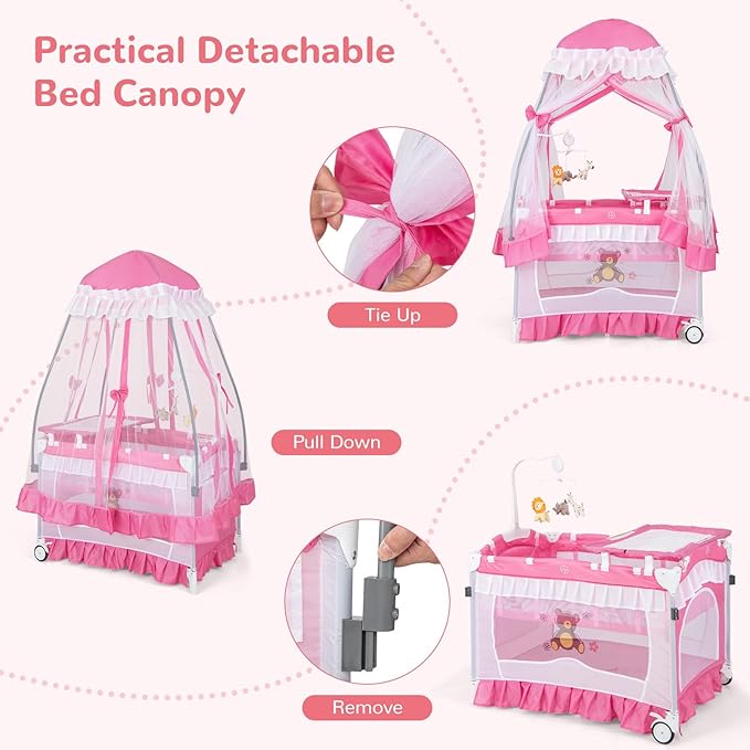 HONEY JOY 4-in-1 Pack and Play with Canopy, Portable Baby Playard w/Changing Table and Infant Bassinet, Cute Toys & Music, Foldable Bassinet for Newborn and Toddler (Hot Pink)
