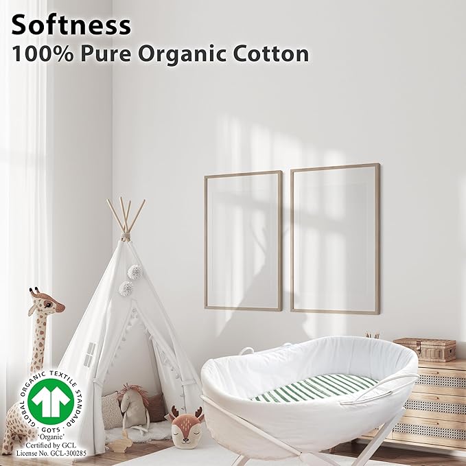 3-Pack Organic Fitted Bassinet Sheets, Compatible with Halo, Snoo, Graco, Dream On Me, Delta, and Other Standard Size Bassinets - Fits Oval, Hourglass, & Rectangle Shapes (Size 32 x 16 x 4 Inches)