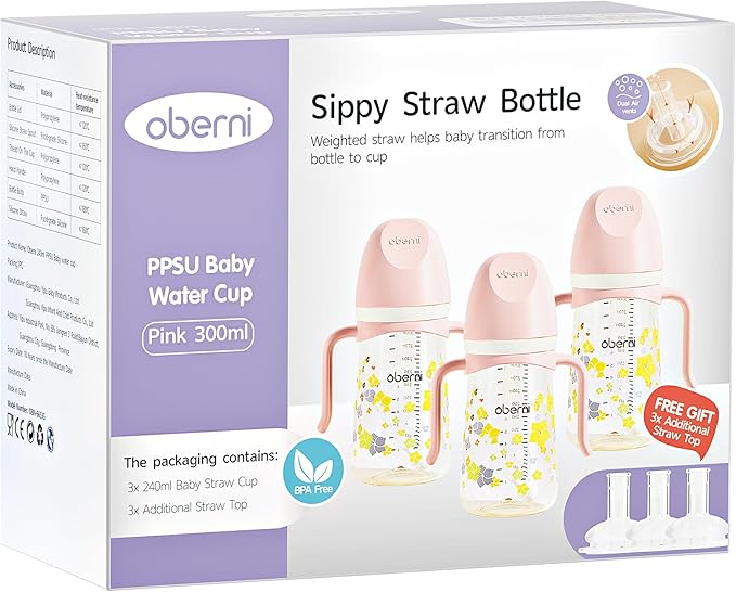 PPSU No Spill Sippy cups,Weighted Straw Toddler Water Bottle with Handle,Spill Proof Toddler Cup with Leakproof Spout for Baby 6-12 Months and Toddlers 1-3 (10 Ounce, Pink, 3 Pack)