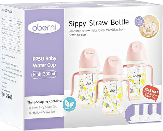 PPSU No Spill Sippy cups,Weighted Straw Toddler Water Bottle with Handle,Spill Proof Toddler Cup with Leakproof Spout for Baby 6-12 Months and Toddlers 1-3 (10 Ounce, Pink, 3 Pack)