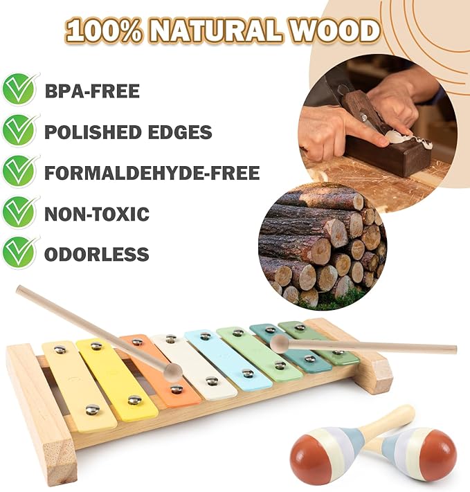 11 in 1 Baby Musical Instruments-Montessori Wooden Toys for Toddlers 1-3, Neutral Colors Percussion Instruments with Modern Boho Xylophone for Kids Preschool Educational 3+ with Storage Bag