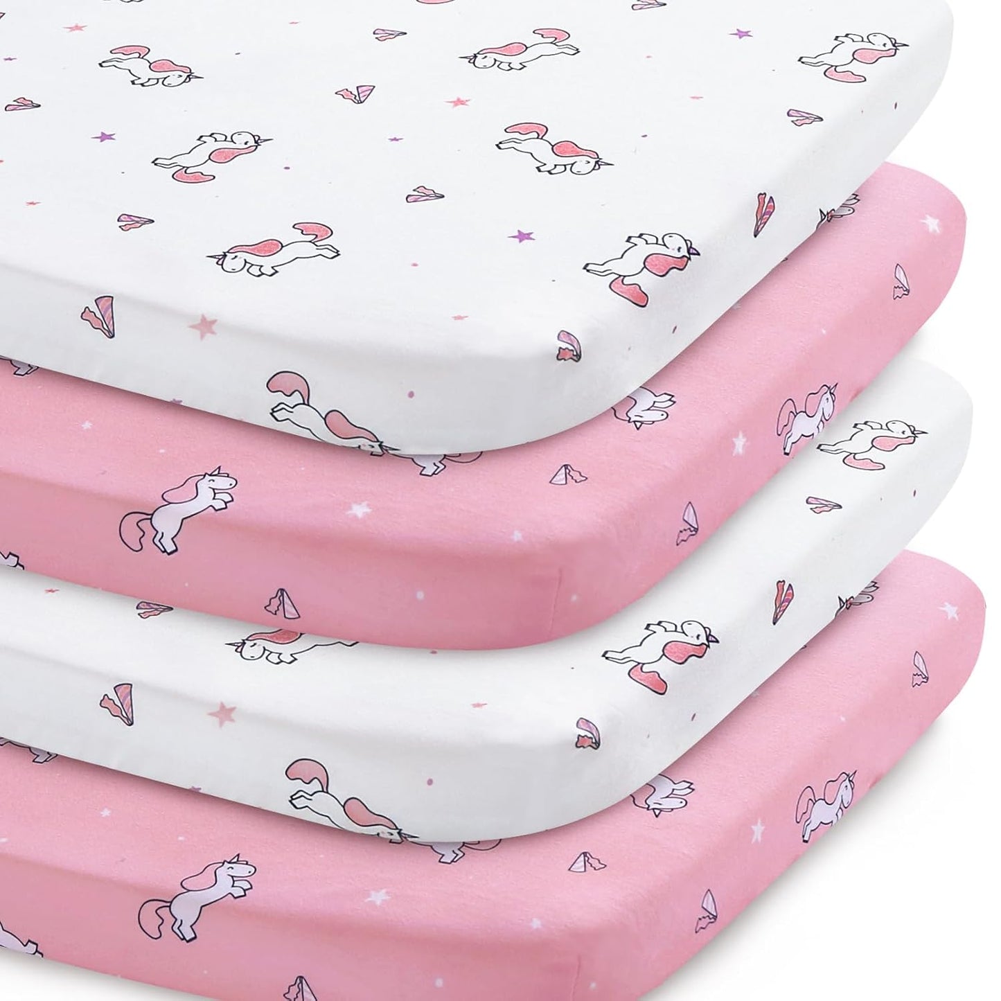 Bassinet Sheet 4 Pack for Baby Girls, Bassinet Sheets Universal Fit for Rectangle, Oval, Hourglass Bassinet Pad/Mattress, Stretchy Bassinet Sheets, Pink Print