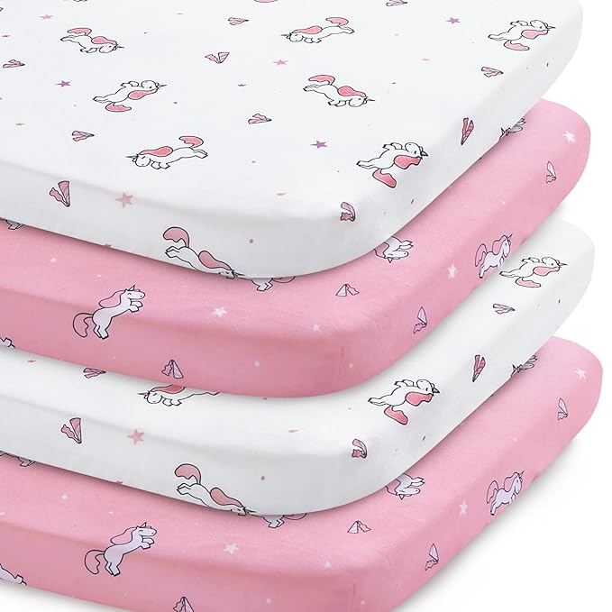 Bassinet Sheet 4 Pack for Baby Girls, Bassinet Sheets Universal Fit for Rectangle, Oval, Hourglass Bassinet Pad/Mattress, Stretchy Bassinet Sheets, Pink Print